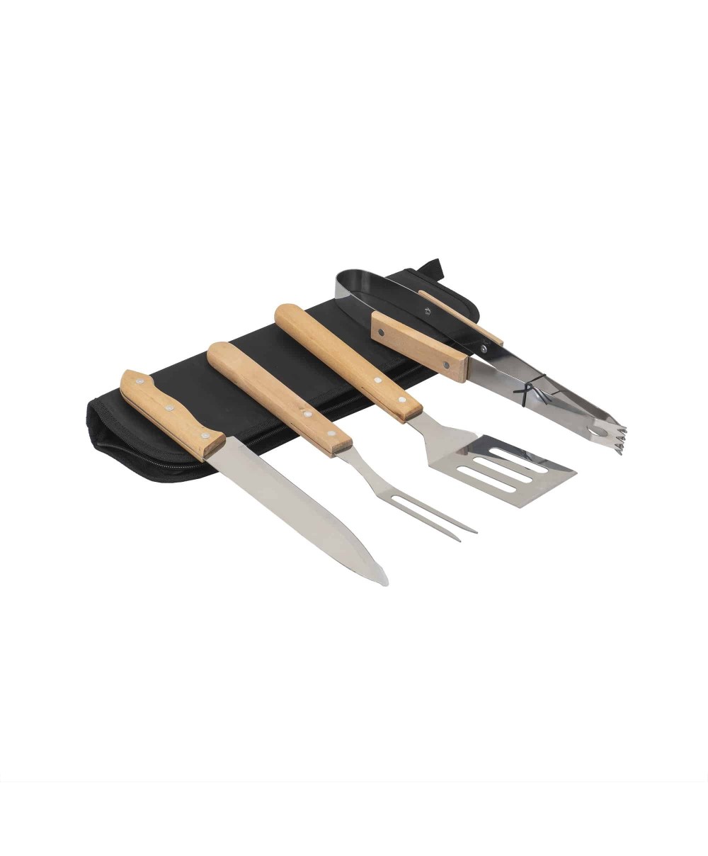 Set 4 piese din inox si maner de lemn, pentru gratar plus borseta depozitare / ZTS 8337