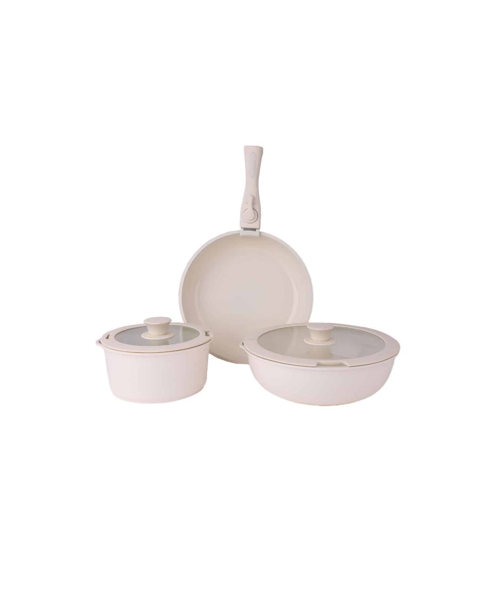 Set 5 piese din ceranica, compus din 2 oale, 1 tigaie si 2 capace de sticla, crem, ZILAN / ZLN 0965