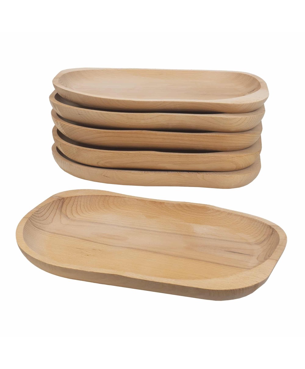 Set 6 farfurii din lemn de fag, forma ovala, mare, 30x24cm / EXT 6180
