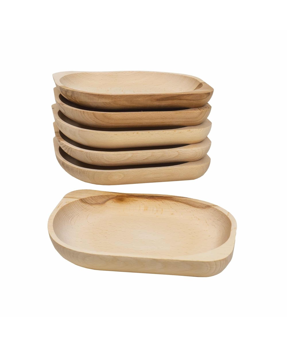 Set 6 farfurii din lemn de fag, forma ovala, mic, 23x20cm / EXT 6181