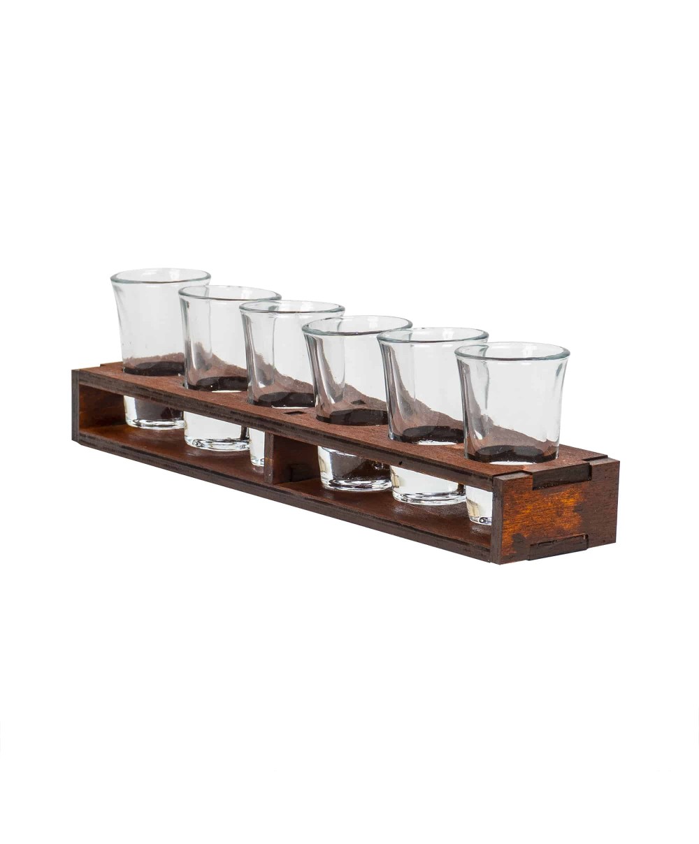Set 6 pahare de shot cu suport din lemn dreptunghiular, 50ml / EXT 9932