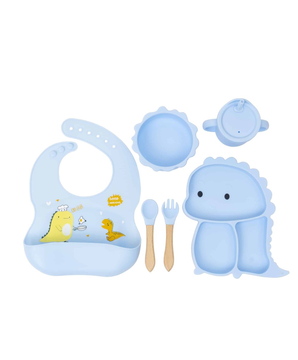 Set 6 piese pentru hranire bebelus, din silicon, model dinozaur, bleu Z-TOOLS / ZTS 9097
