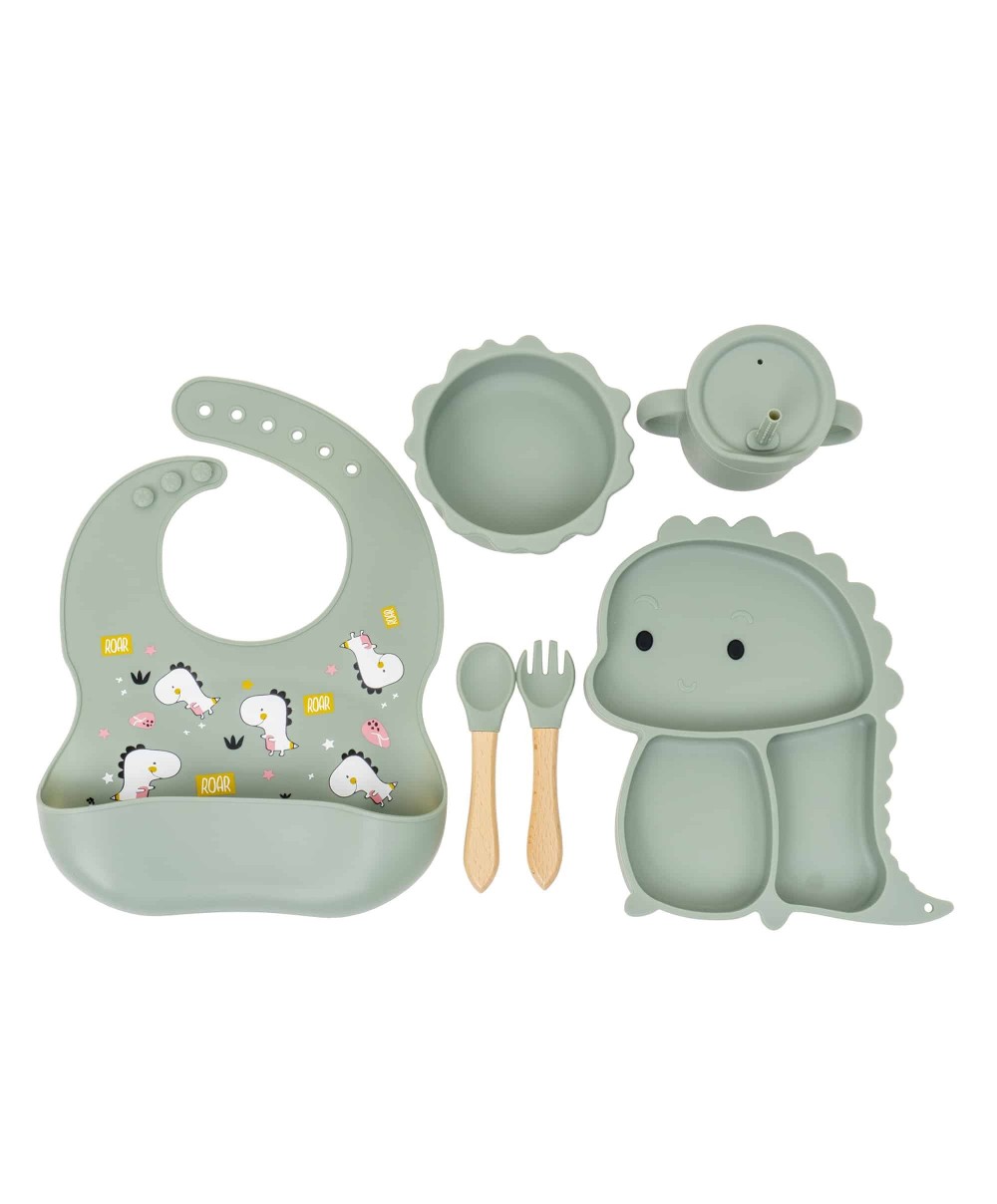 Set 6 piese pentru hranire bebelus, din silicon, model dinozaur, verde Z-TOOLS / ZTS 9094