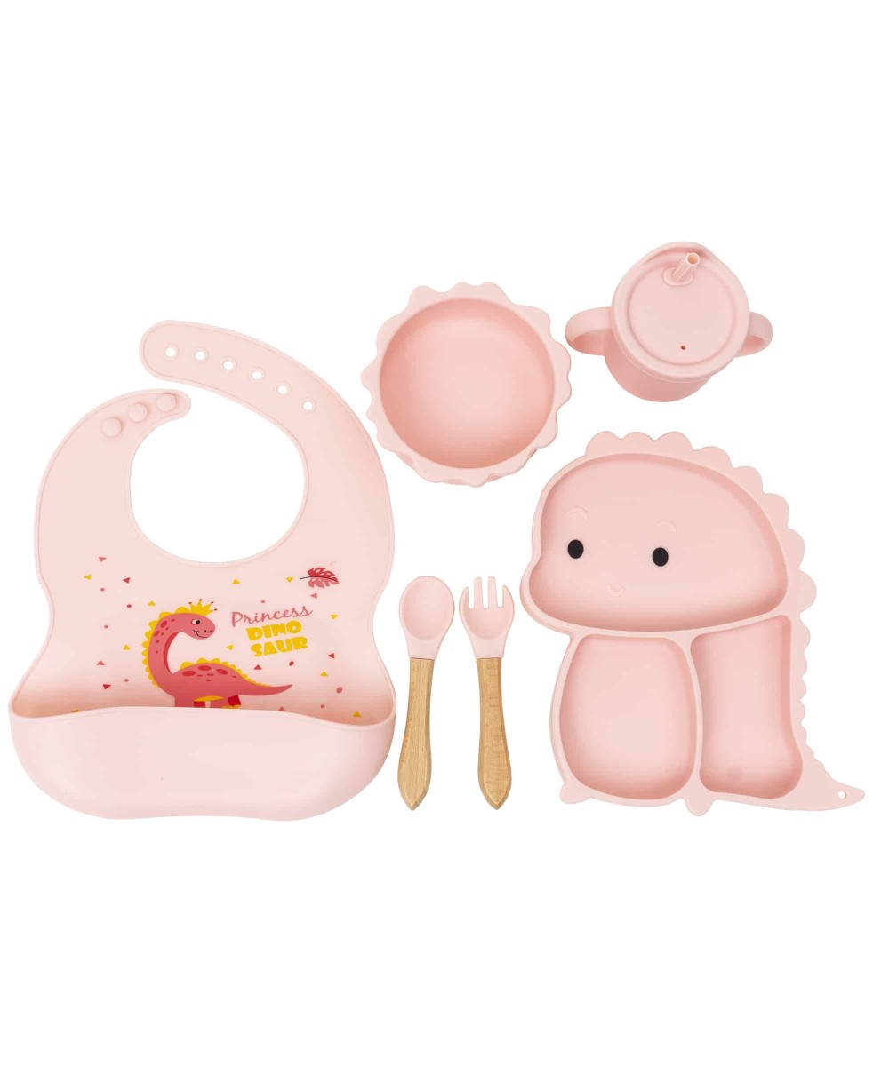 Set 6 piese pentru hranire bebelus, din silicon, model dinozaur, roz Z-TOOLS / ZTS 9095