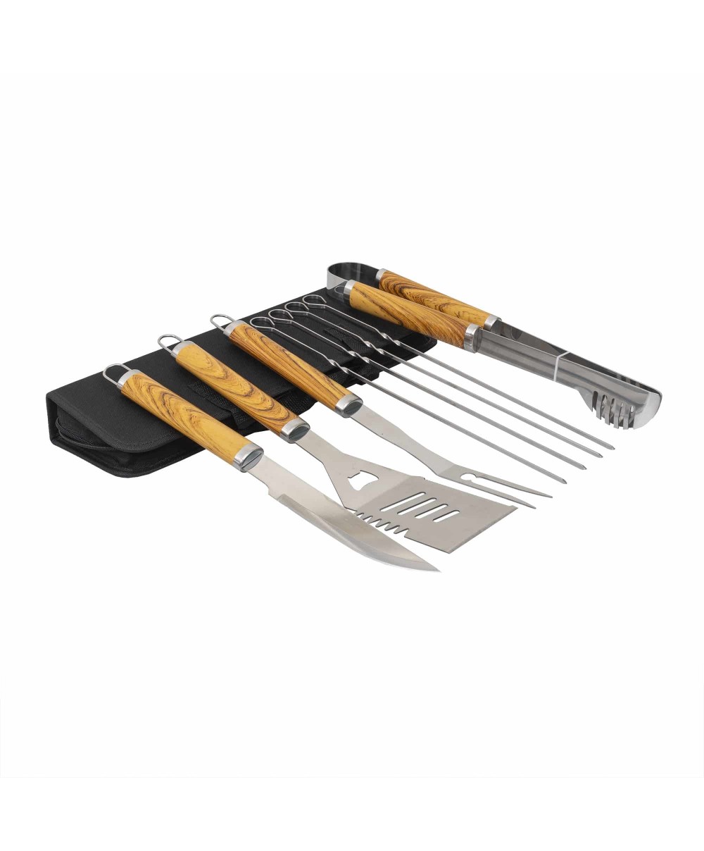Set 8 piese din inox si maner de lemn, pentru gratar plus borseta depozitare / ZTS 8330