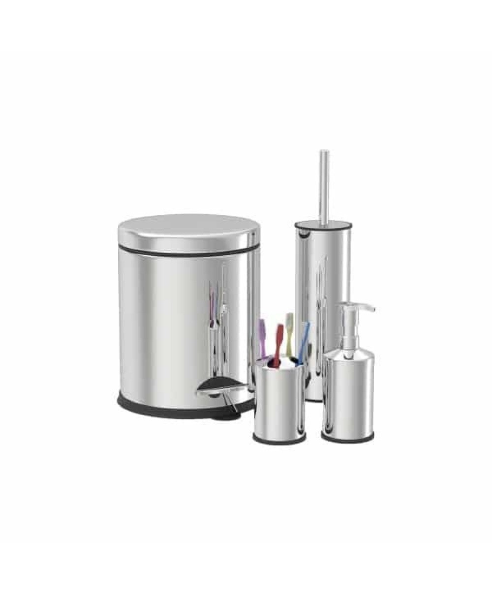 Set de baie, 4 in 1 din inox cu cos menajer de 3 litri, perie WC, suport sapun lichid, suport periute de dinti / ZLN 4605
