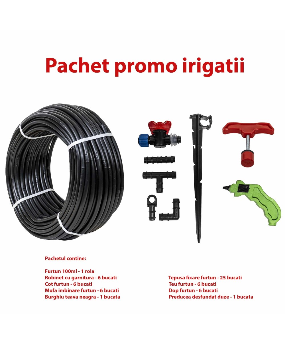 Set irigare + furtun picurare, 16mm, distanta intre picuratori 25 cm 4l/h rola 100m / SET 30052