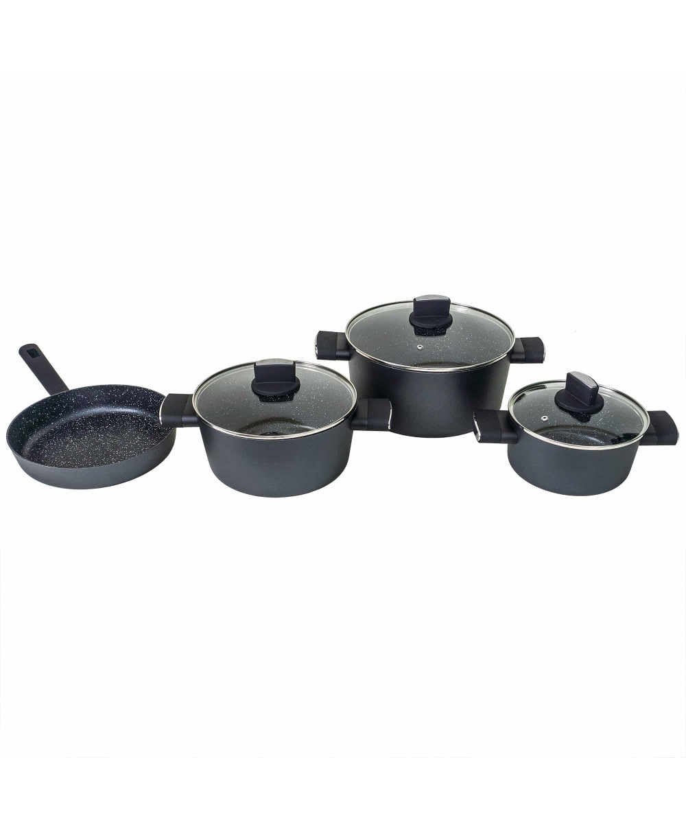 Set oale, 7 piese din aluminiu,compus din 3 oale cu manere ,1 tigaie, 3 capace sticla termorezistent / ZLN 0959