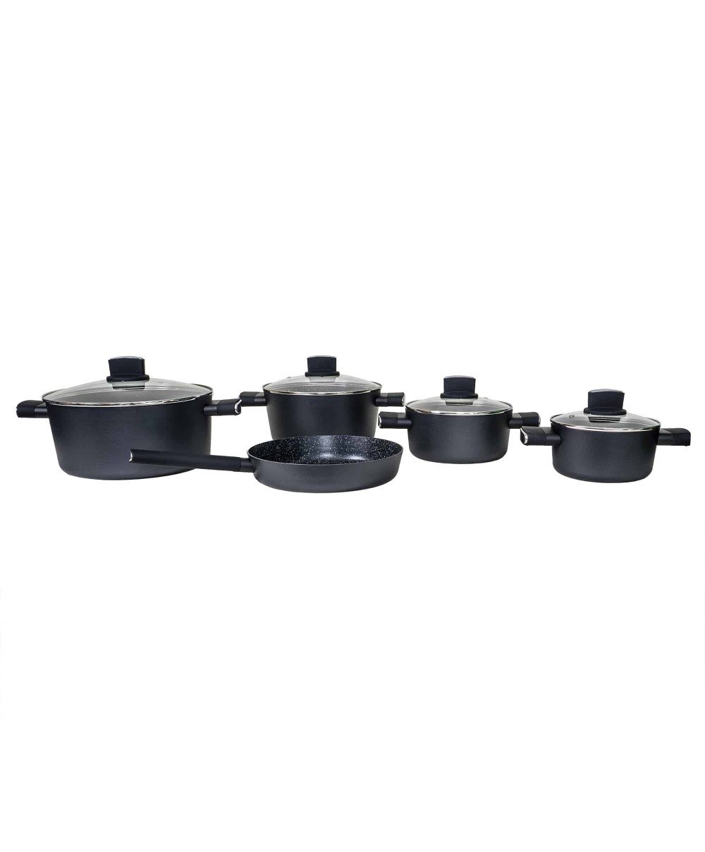 Set oale, 9 piese din aluminiu, compus din 4 oale cu manere ,1 tigaie, 4 capace sticla termorezistente / ZLN 0942