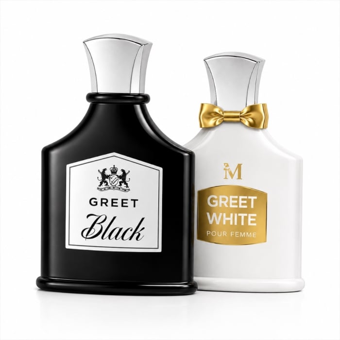Set Parfumuri Bărbați și Femei Greet Black + Greet White 2 x 100 ml – Inspirate din Creed | Parfumuri Persistente Cuplu, Floral Fructat &amp; Lemnos Aromatic – Montage Brands