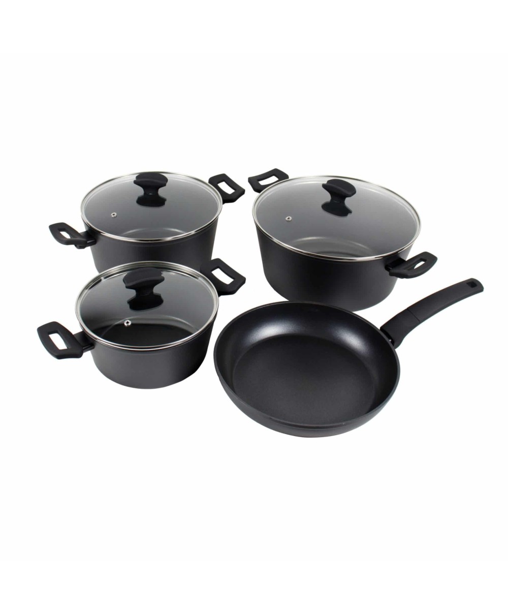 Set 7 piese din aluminiu cu strat neaderent compus din 3 oale cu manere +1 tigaie+ 3 capace sticla termorezistenta, inductie / ZLN 3277
