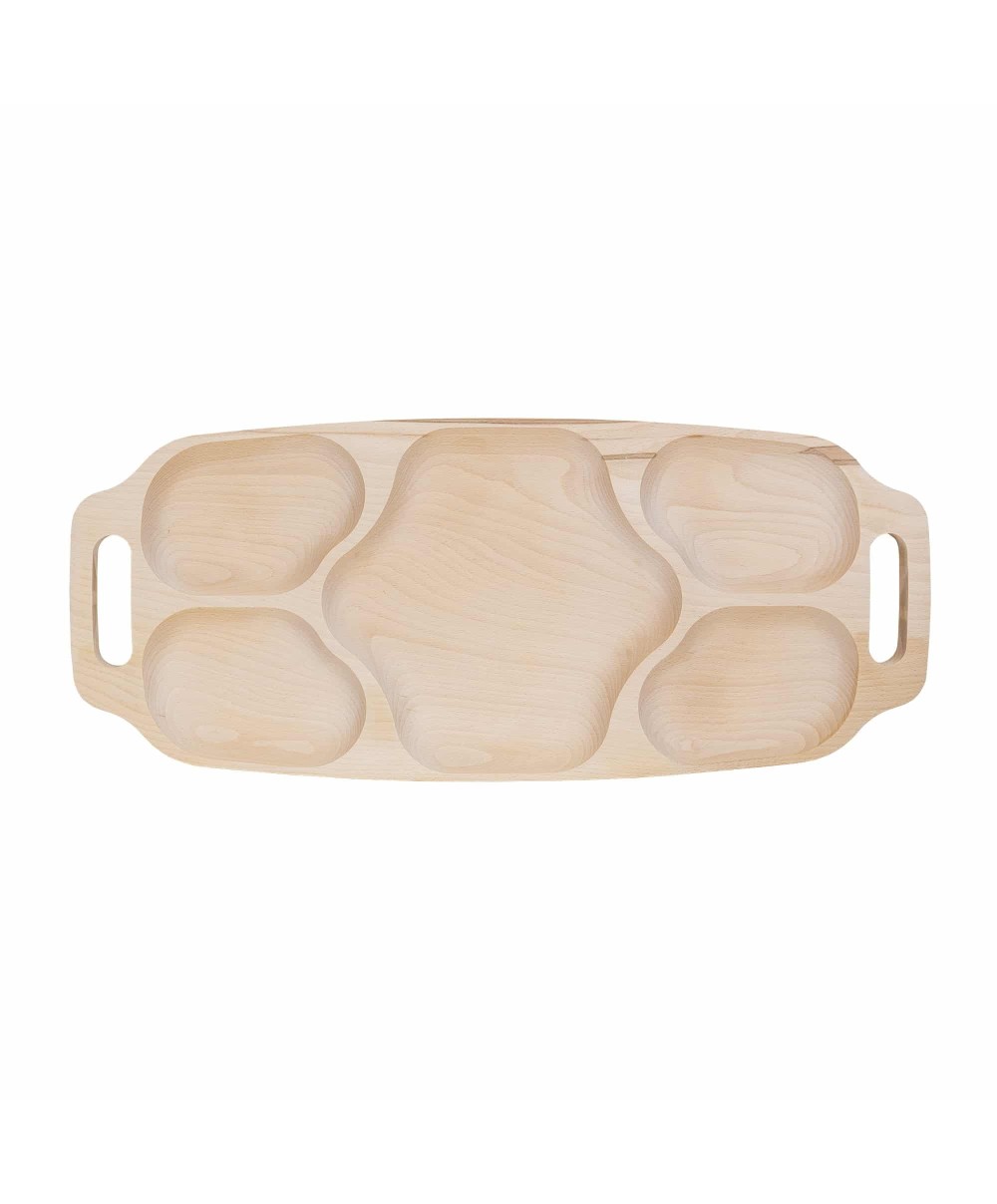 Tava asimetrica pentru servire, din lemn de fag, cu 5 compartimente si manere, 70 x 30 x 3cm / EXT 7186