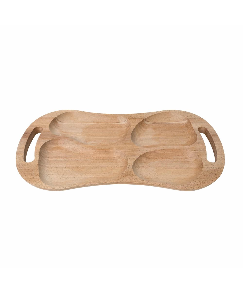 Tava asimetrica pentru servire, din lemn de fag, cu 4 compartimente si manere, 60x33cm / EXT 7021