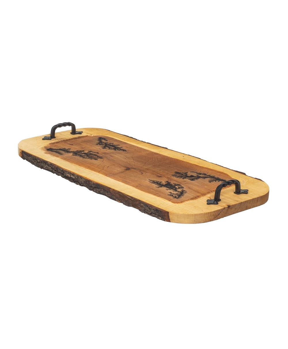 Tava din lemn de arin, sculptata, cu manere din fier forjat, 61x30cm / EXT 10130
