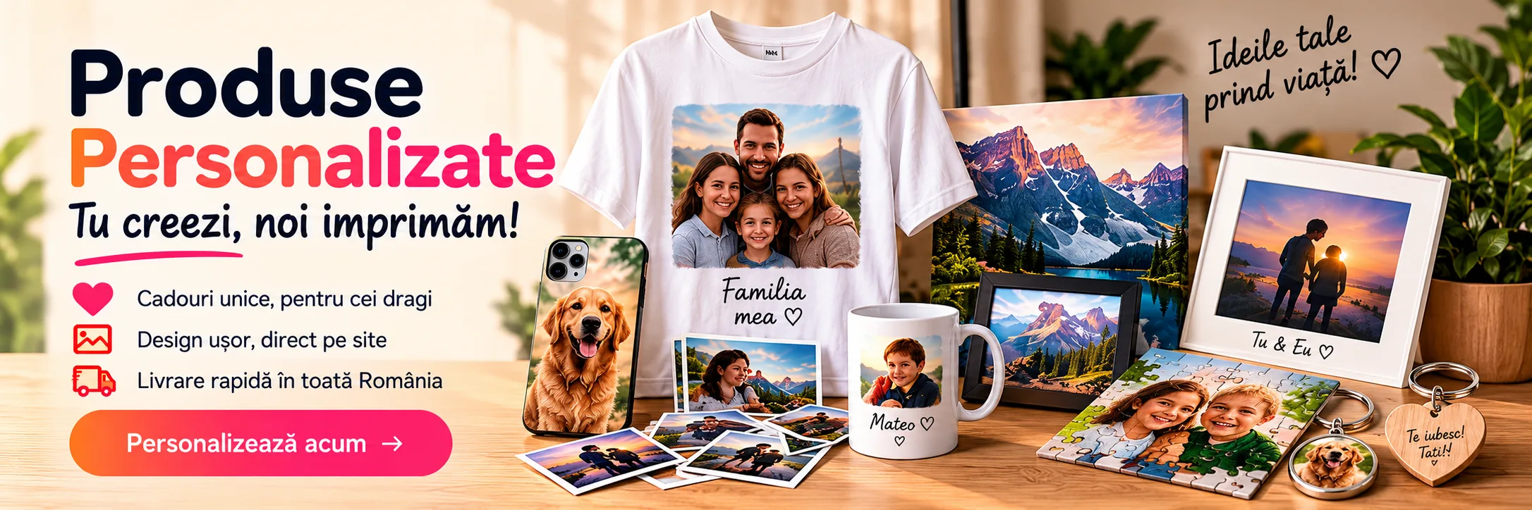 Produse Personalizate — Tu creezi, noi imprimăm! Cadouri unice pentru cei dragi, design ușor direct pe site, livrare rapidă în toată România. Tricouri, huse de telefon, tablouri canvas, căni, fotografii, puzzle și brelocuri personalizate.