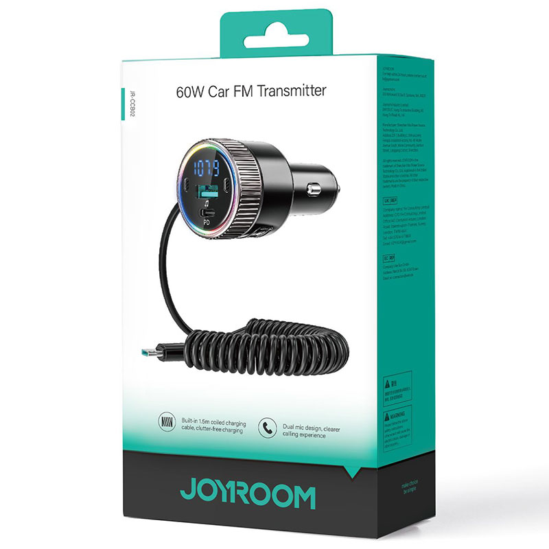 Joyroom (CCB02) - Modulator FM, PD48W, 1xUSB-C, 1xUSB, Coiled, Black