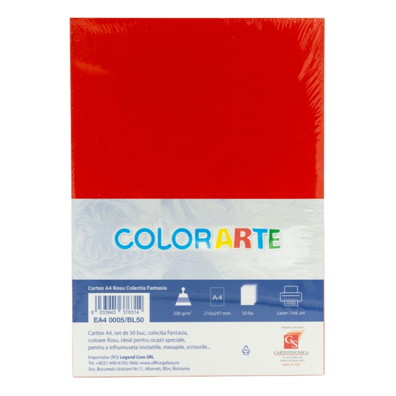 Carton colorat A4 COLORARTE FANTASIA, 250g/mp, rosu, top 50 coli