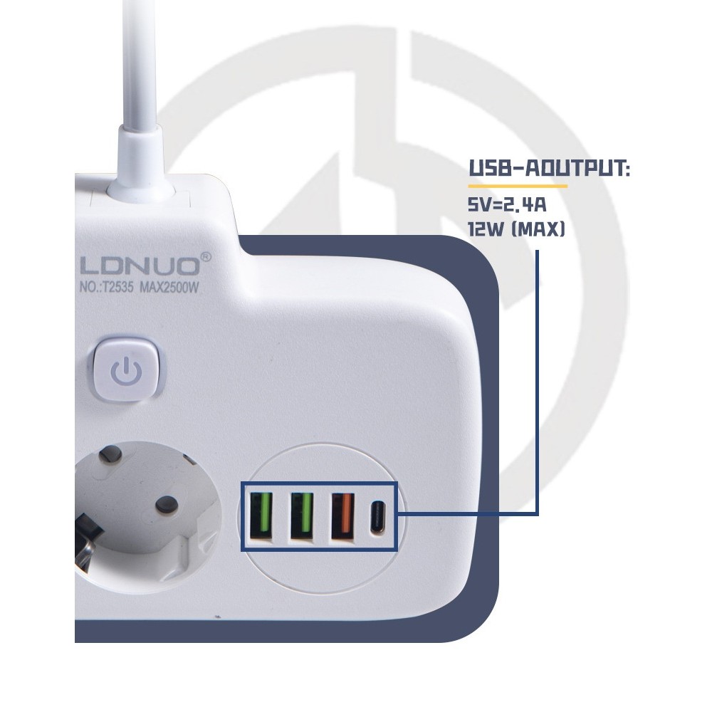 Adaptor Priza, , 6 in 1, 2 Prize Standard, 3 Porturi USB, 1 Port Tip C, Buton Oprire, 2500W, din PC, Alb 2