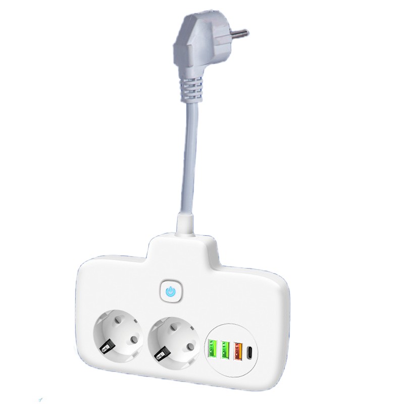Adaptor Priza, , 6 in 1, 2 Prize Standard, 3 Porturi USB, 1 Port Tip C, Buton Oprire, 2500W, din PC, Alb