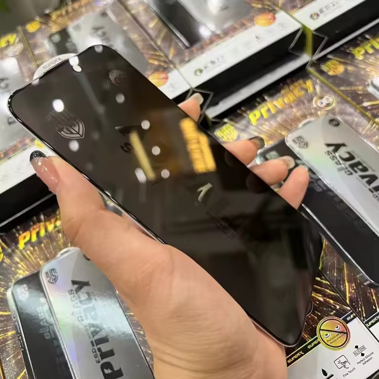 Folie de Protectie pentru Samsung Galaxy A14, , Sticla Securizata ESD Antistatica, Super-X Privacy OG, Margini Negre, 0.30 mm, Transparent Inchis 4