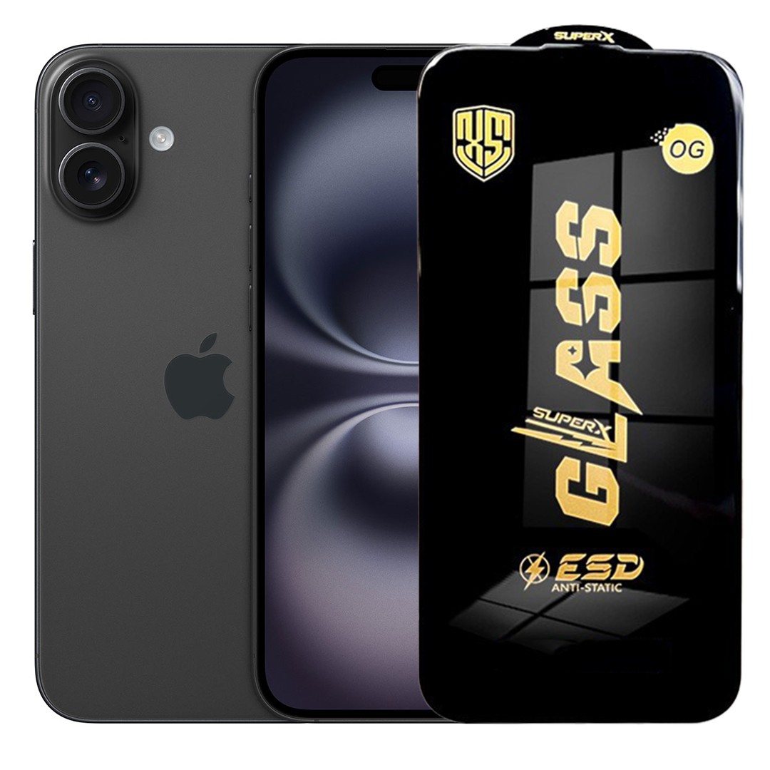 Folie de Sticla pentru Apple iPhone 16, , Sticla Securizata ESD Antistatica, Super-X OG, cu Margini Negre, Rezistenta la Zgirieturi, 0.35 mm, Transparenta