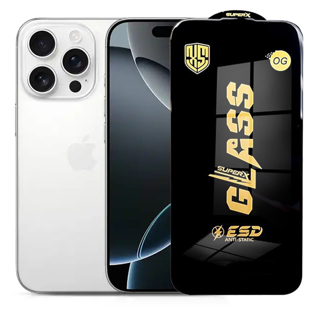 Folie de Sticla pentru Apple iPhone 16 Pro Max, Sticla Securizata ESD Antistatica, Super-X OG, cu Margini Negre, Rezistenta la Zgirieturi, 0.35 mm, Transparenta