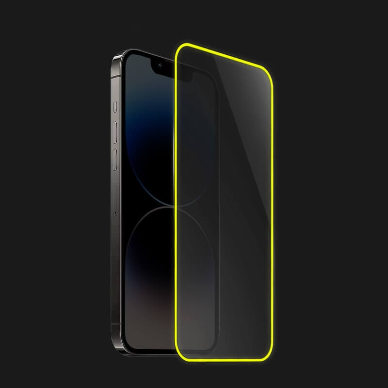 Folie de Sticla Securizata pentru Apple iPhone 15 Pro Max, , Luminous, Margine Fosforescenta Neon din Silicon, Mat, Anti-Amprenta, Protectie Completa, 9H, Galben 4