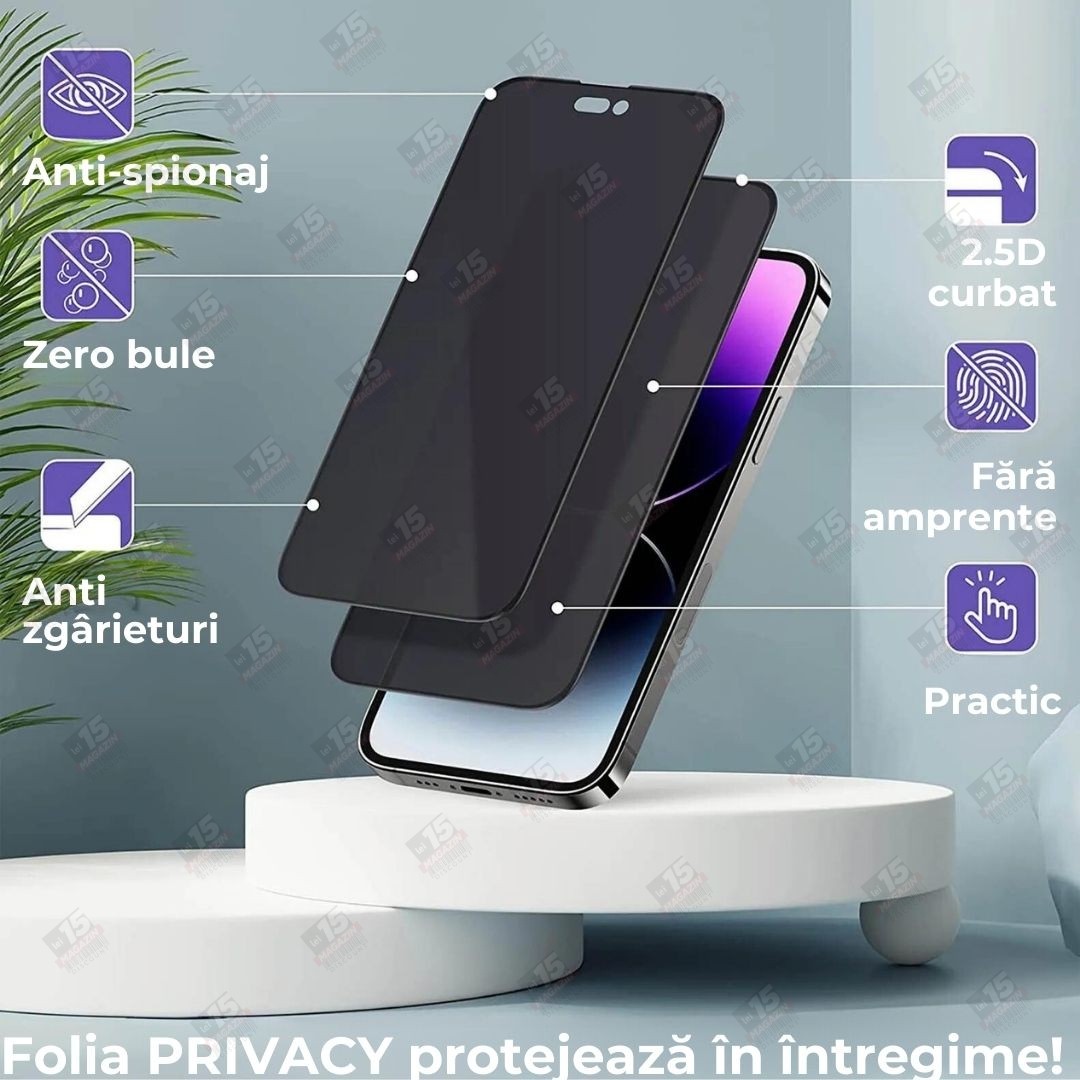 Folie Sticla Securizata, , Pentru Apple iPhone 16 Pro Max, Privacy Classic, 2.5D, Confidentialitate 30°, Negru Transparent 3
