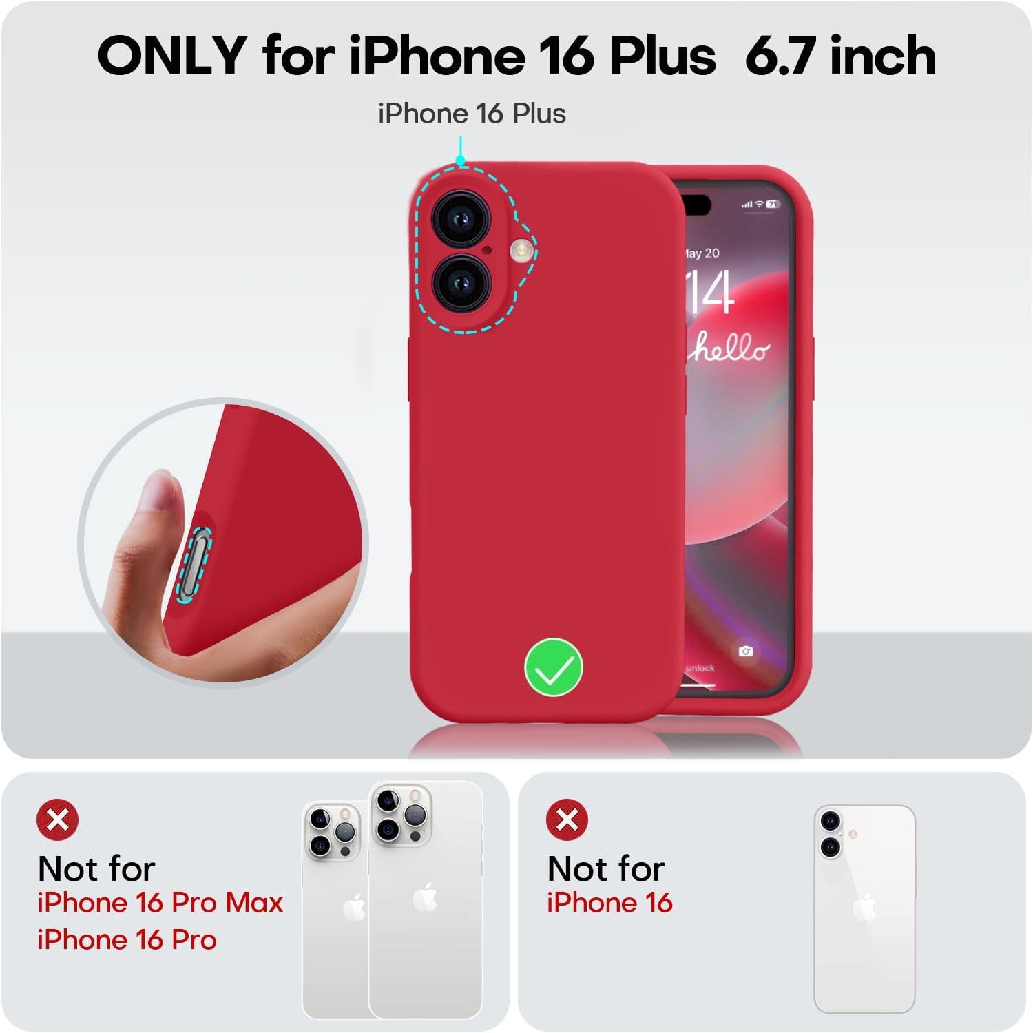 Husa de Protectie, , pentru iPhone 16 Plus, Liquid Silicone, cu Microfibra pe Interior, Protectie Antisoc, Compatibil Incarcare Wireless, Rosu 3