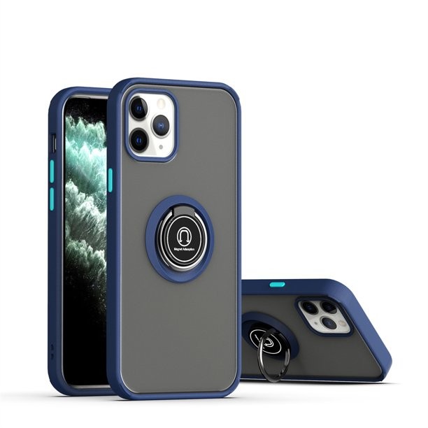 Husa Anti Fall Metal Bracket pentru Apple iPhone 11, Rezistenta la socuri, Margini colorate, Cu inel de prindere magnetic, , Albastru