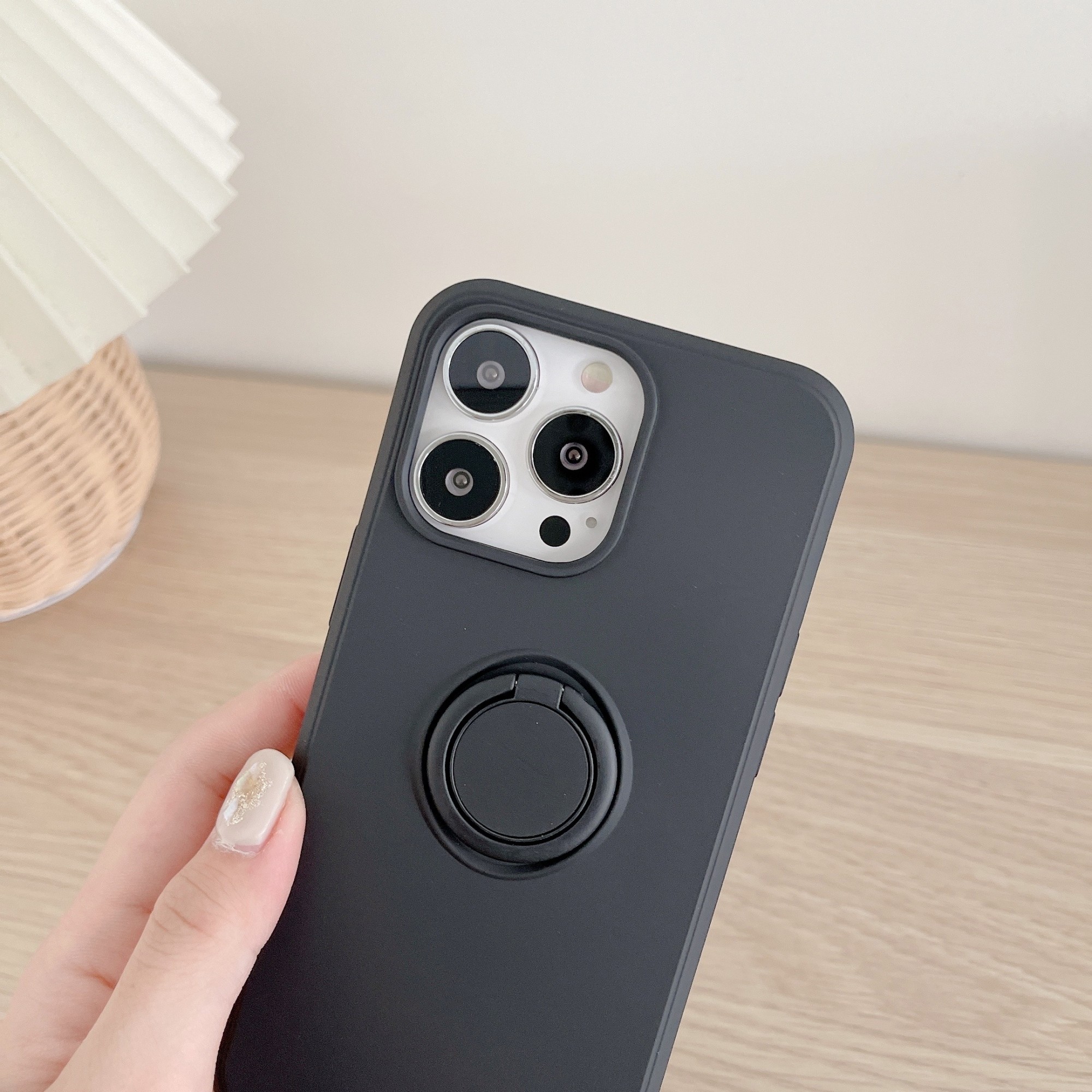Husa protectie compatibila cu Apple iPhone 13 Pro Max Liquid Silicone Ring cu suport rotativ Negru 3