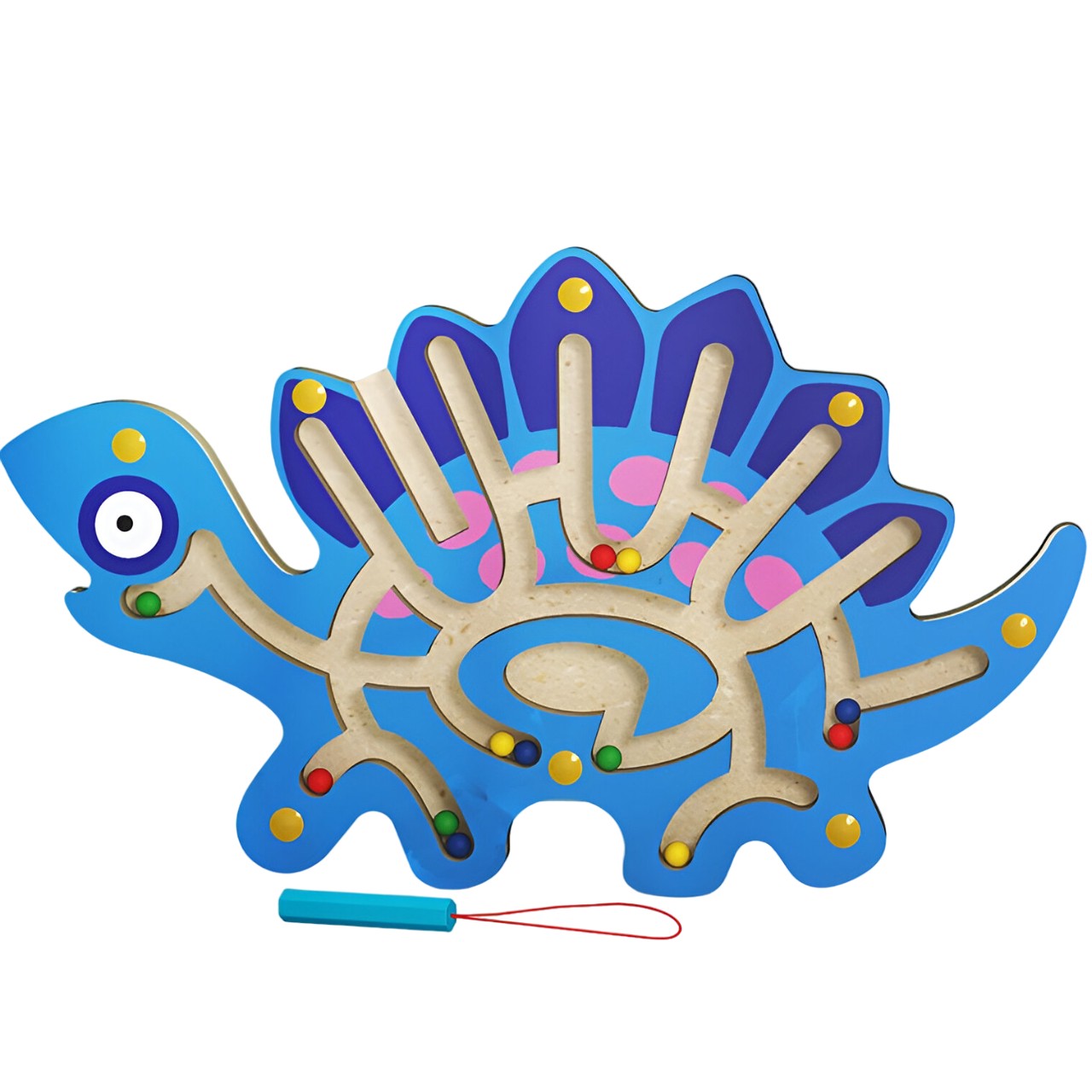 Joc Montessori cu Bile, , Creion Magnetic, Tip Labirint, din Lemn, Model Stegozaur, 25x15.5 cm, Albastru