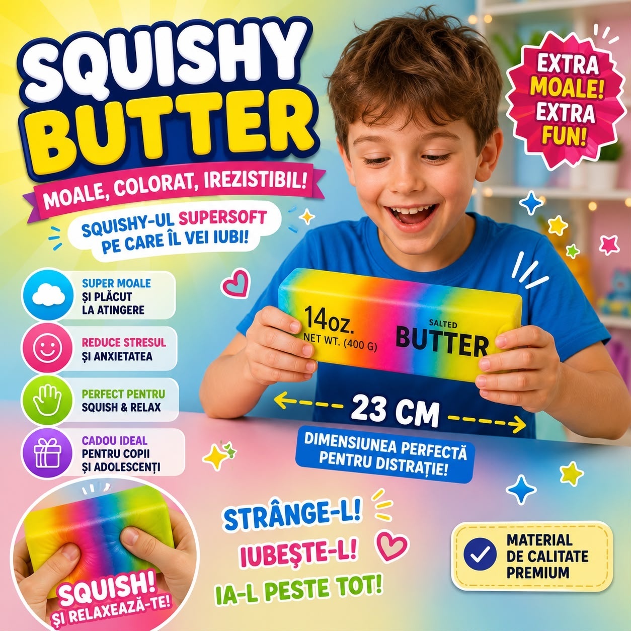 Jucărie Antistres Squishy Butter Multicolor Slow Rising, 23 x 4 cm, Super Moale și Elastică 3