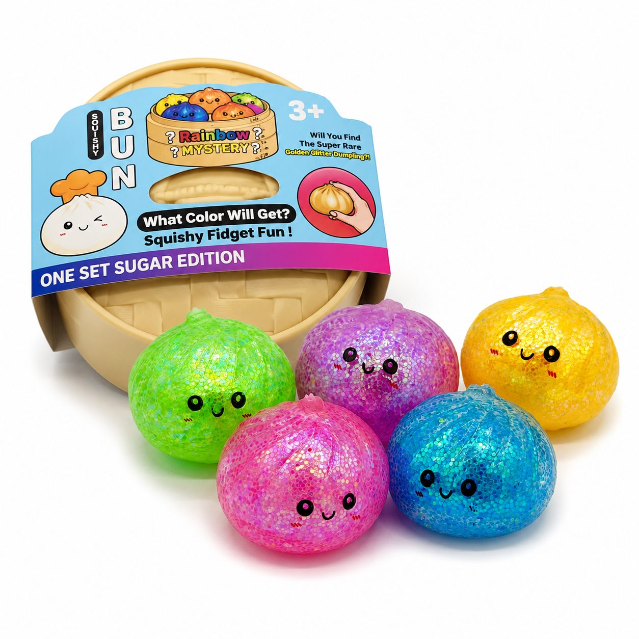 Squishy Dumpling Antistres, , Model Fata Zambitoare din Maltoza cu Sclipici si bile de Hidrogen, Comprimabil cu Revenire Lenta, 5.5 x 5.5 x 5.5 cm, 120 gr, Culoare Surpriza Mix