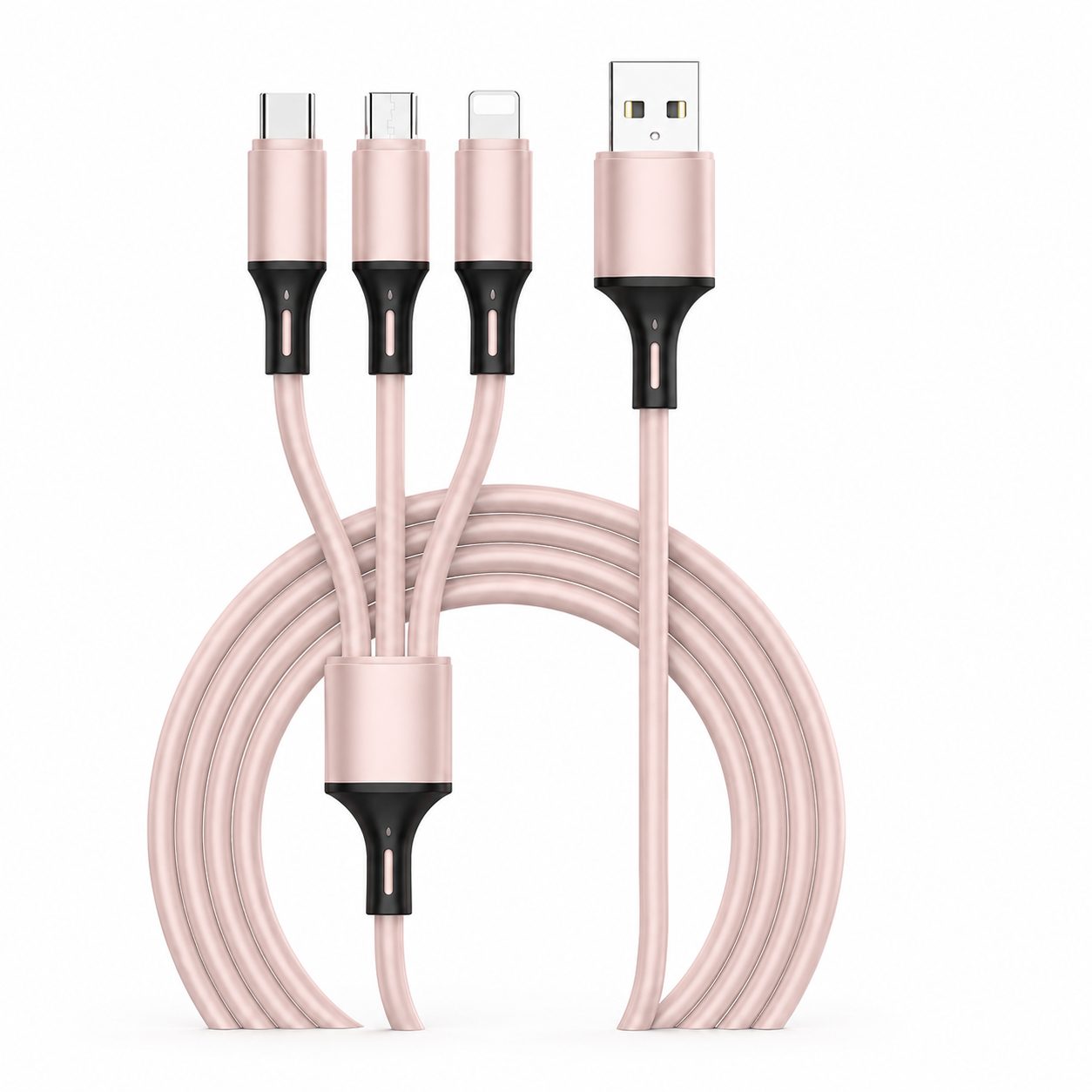 Cablu de Date si Incarcare 3 in 1, , 3A, Silicon Lichid, Type-C, Lightning, Micro USB, 1.2 m, Crem