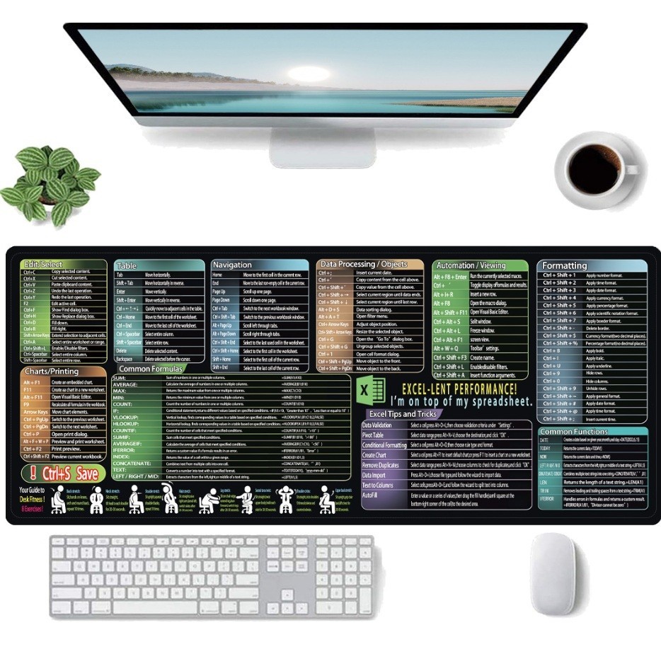 Mousepad cu Suport Tastatura, , Covoras pentru Masa de Birou cu Formule si Scurtaturi pentru Excel, Rezistent la Zgirieturi si Antiderapant 90 x 40 cm, Model 1 Negru 2