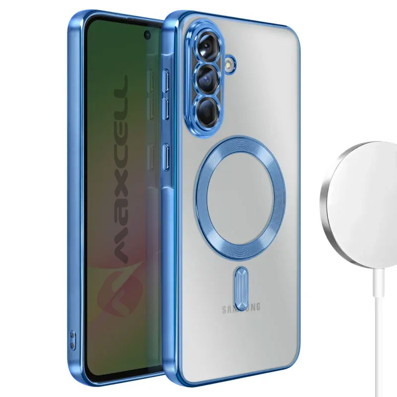 Husa Samsung Galaxy S24, Electroplating Magsafe TPU, protectie camera, margini albastre