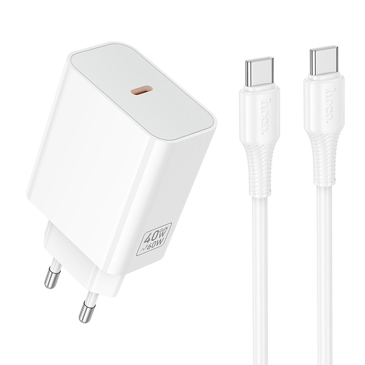 Incarcator HOCO C162A, Port USB-C, Incarcare rapida 40W, cablu USB-C inclus, alb