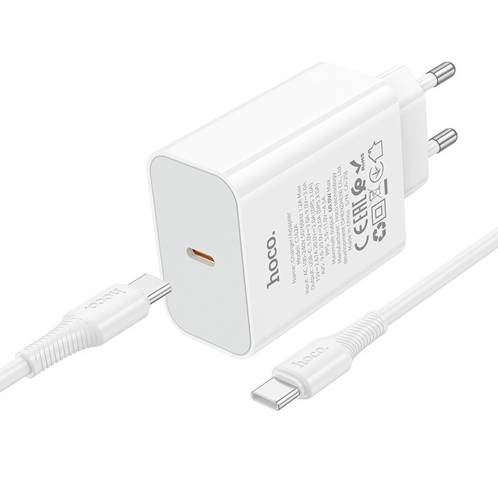 Incarcator HOCO C162A, Port USB-C, Incarcare rapida 40W, cablu USB-C inclus, alb 3