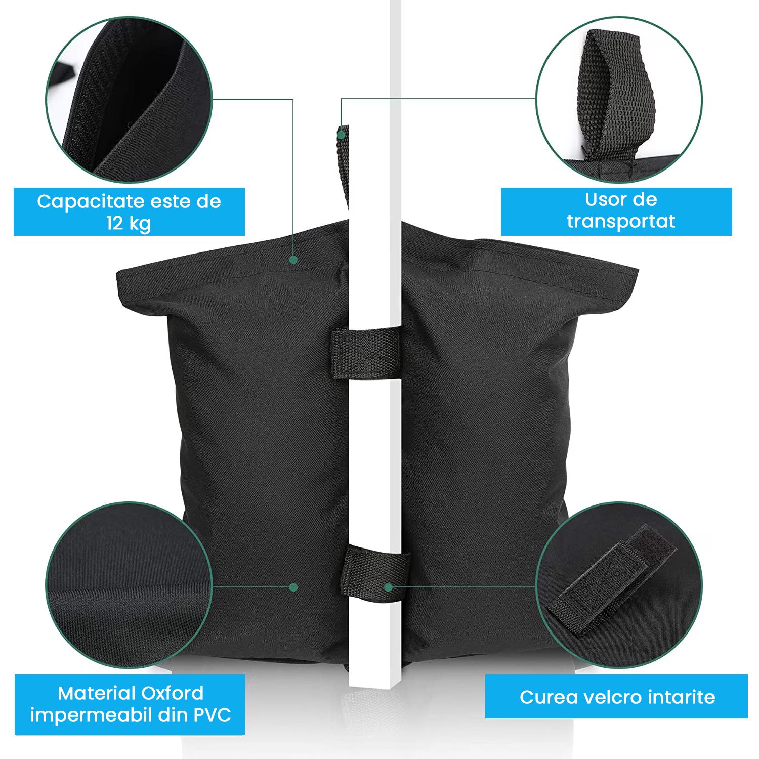 Saci de Ancorare Cort/Pavilion, , Set 4 Bucati, Saci cu 2 Buzunare pentru Stabilizarea Cortului, 48 x 35 cm, Negru 3