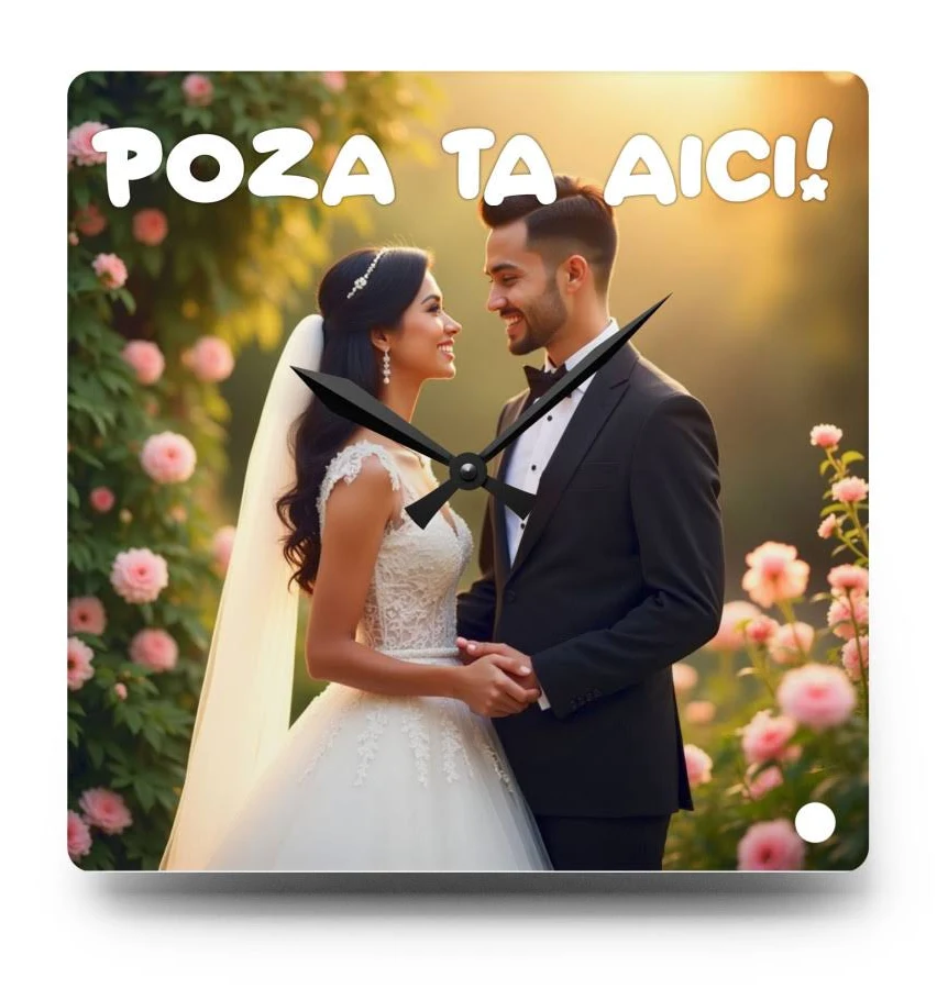 Ceas de perete/birou personalizat cu poza ta, cadran patrat din sticla, alimentare cu baterii