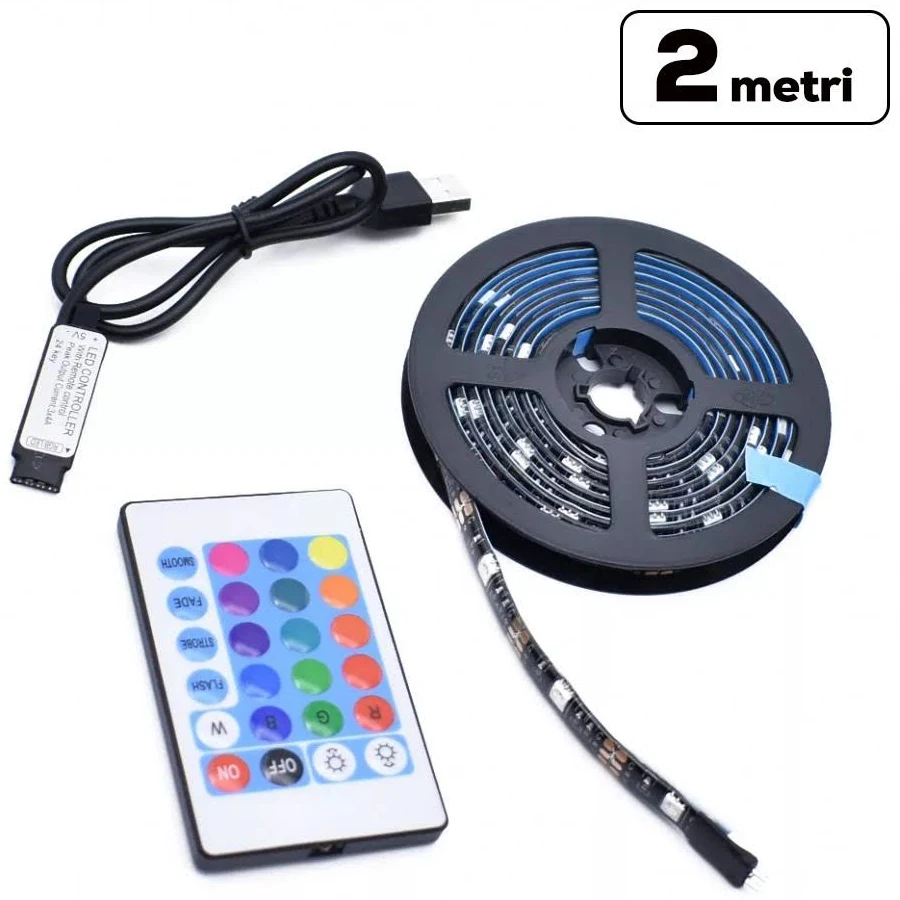 Banda LED RGB pentru TV, USB 5V, lungime 2 metri, telecomanda inclusa