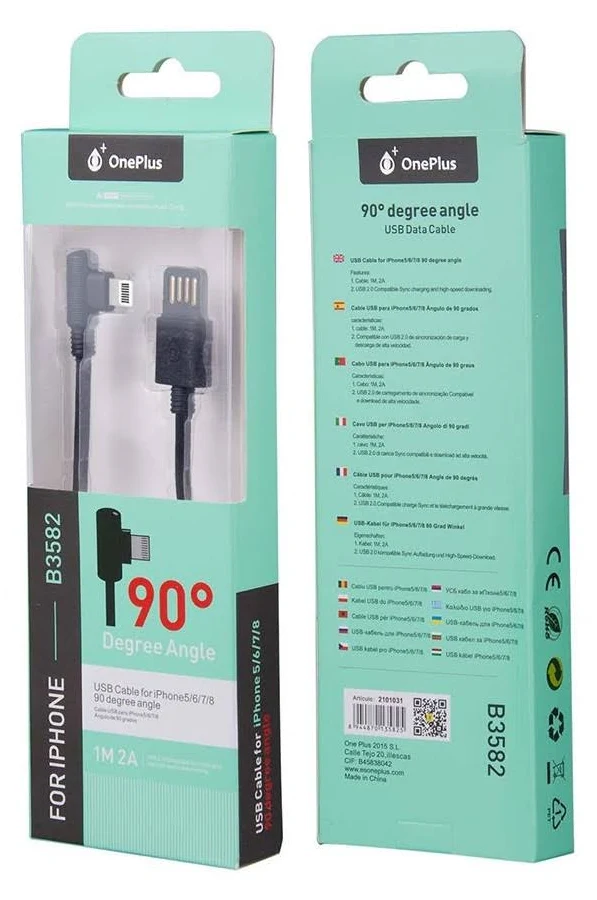 Cablu de date si incarcare Lightning (iPhone) OnePlus, conector la 90 grade, 2A, 1 metru, negru 2