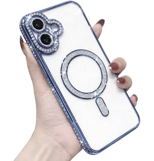 Husa Apple iPhone 16, Electroplating Bling Magsafe, protectie camera, margini albastre