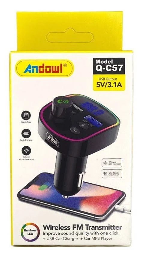 Modulator FM Bluetooth Andowl  Q-C57, 2 porturi USB + 1 port PD, 5V/3.1A, lumini RGB, ecran LED, negru 2