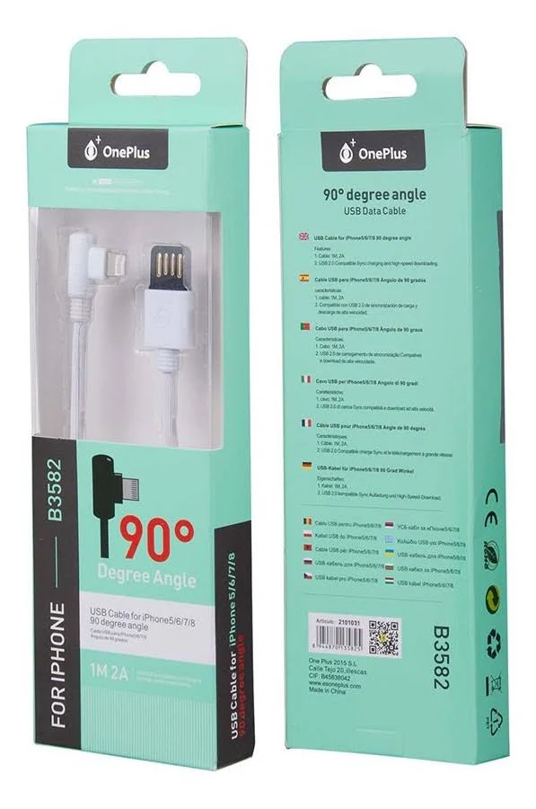 Cablu de date si incarcare Lightning (iPhone) OnePlus, conector la 90 grade, 2A, 1 metru, alb 2