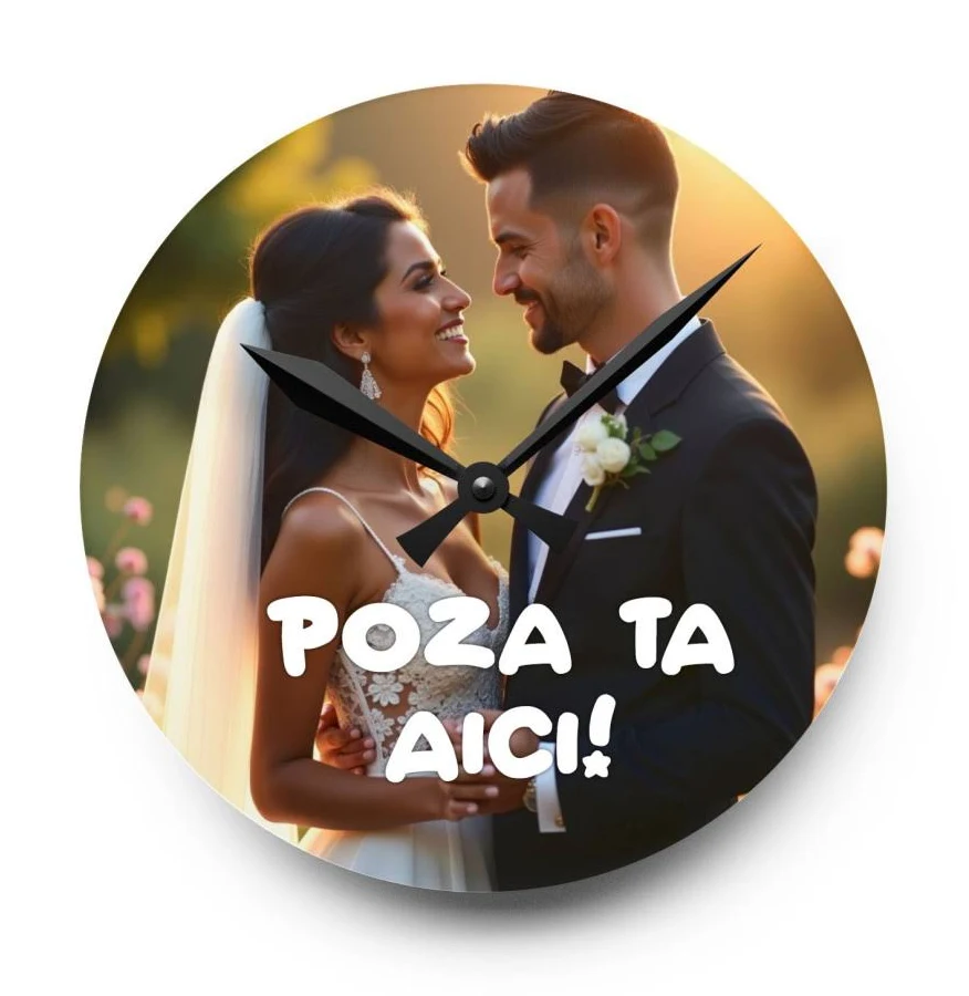 Ceas de perete rotund, personalizat cu poza ta, cadran din sticla, 20 cm, alimentare cu baterii