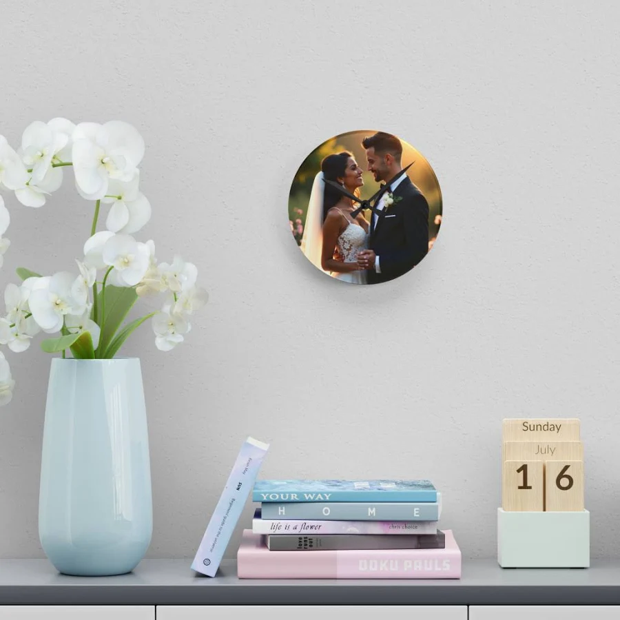 Ceas de perete rotund, personalizat cu poza ta, cadran din sticla, 20 cm, alimentare cu baterii 4