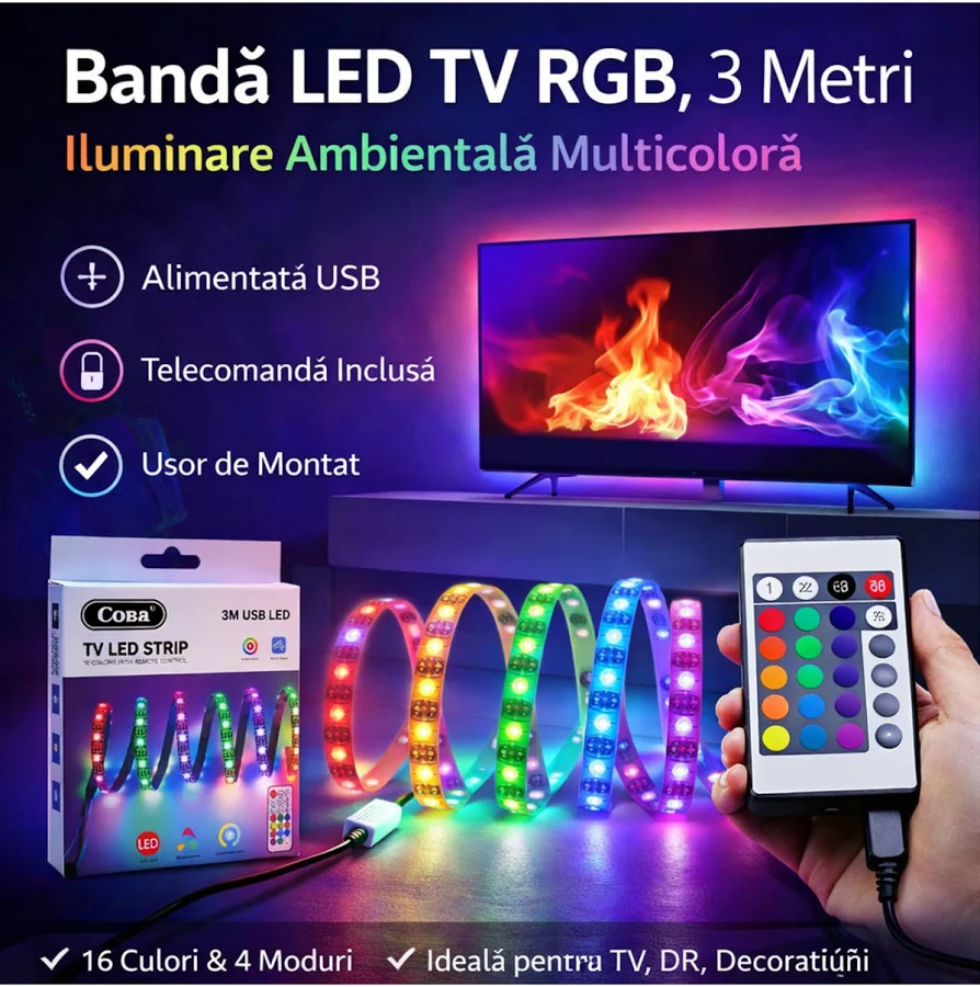 Banda LED RGB pentru TV, USB 5V, lungime 3 metri, telecomanda inclusa 2