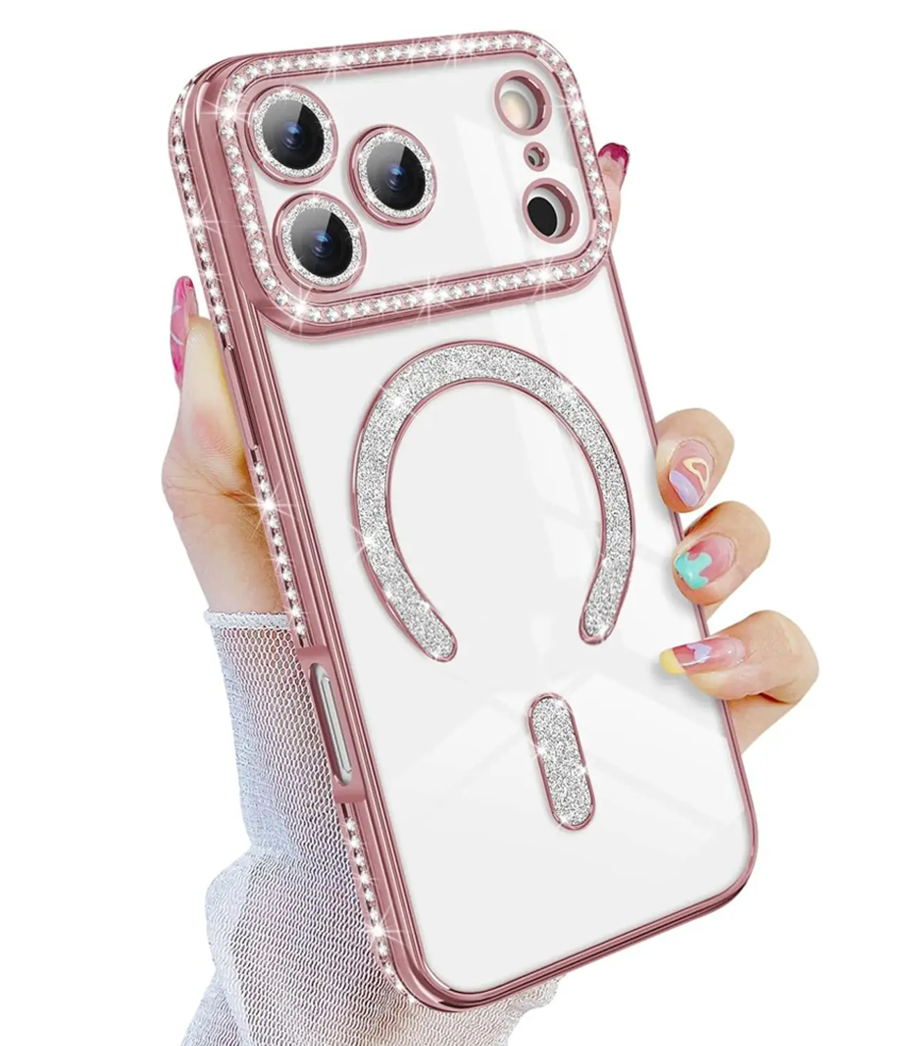 Husa Apple iPhone 17 Pro Max, Electroplating Bling Magsafe, protectie camera, margini rose gold